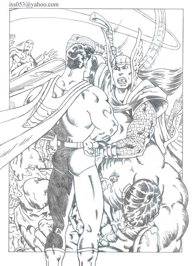 alpha: Superman's dispute with Hulk, Silver Surfer & Thor (pencil) by jira
