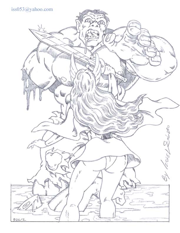 alpha: She-Ra disarms The Hulk (pencil) by jira