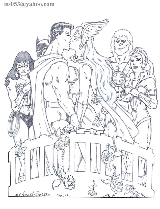 alpha: Power couple: She-Ra & Superman, with HeMan, Teela, Batman & Wonder by jira