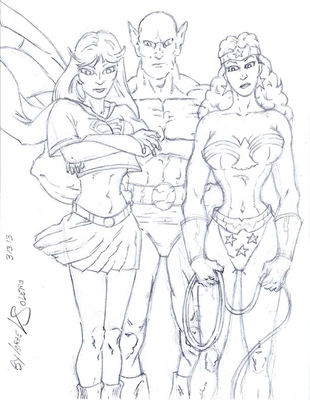 Exercise drawing of  Supergirl, The Martian Manhunter and Wonder Woman by jira