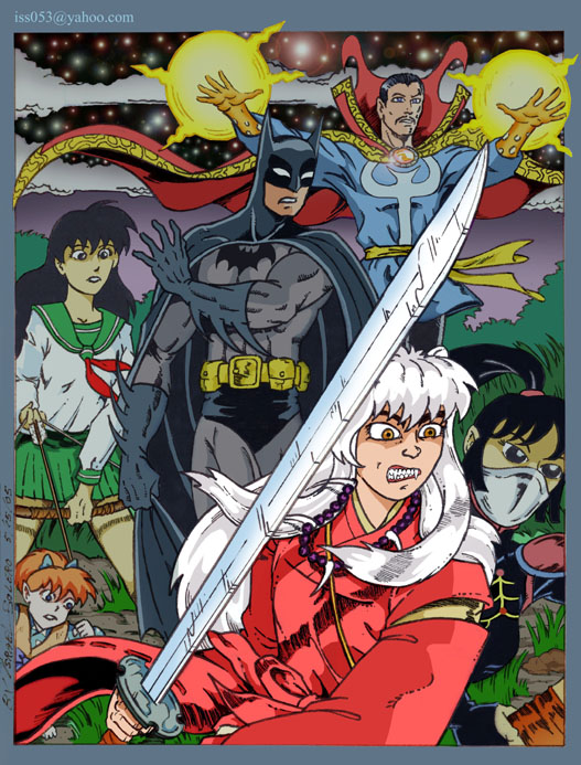 Odd Team- Up: Inuyasha, Sango, Kagome with Batman & Dr. Strange by jira