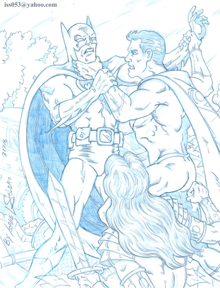 Superman Battles Batman with Wonder Woman (pencil) by jira