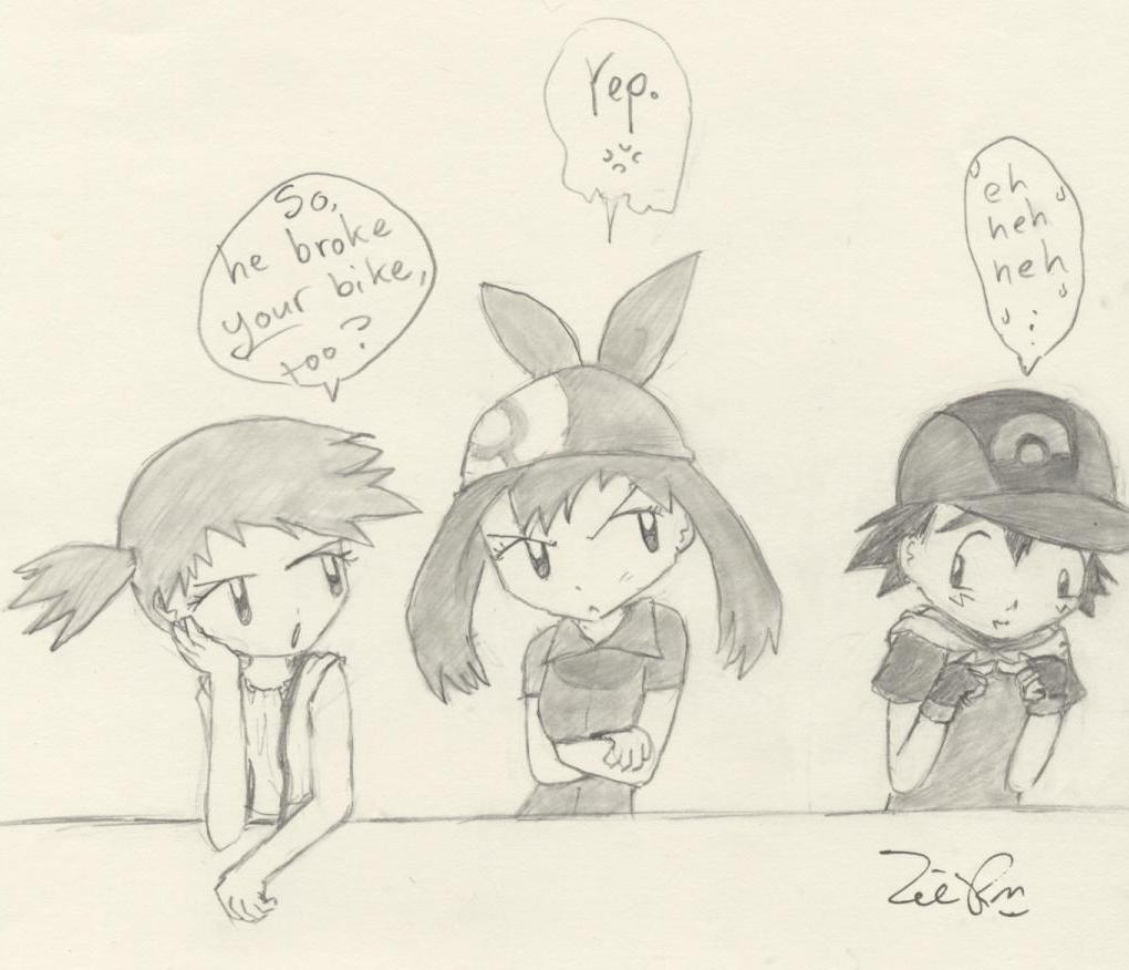 Ash has no luck with girls... or bikes. by Kaede-chan