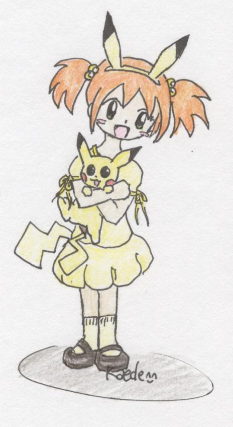 Girl with Pikachu (art trade) by Kaede-chan
