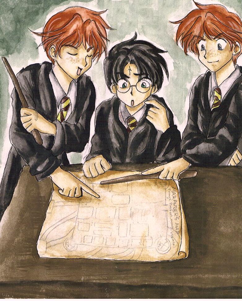 Fred, George, Harry and the marauder's map by Karenchan