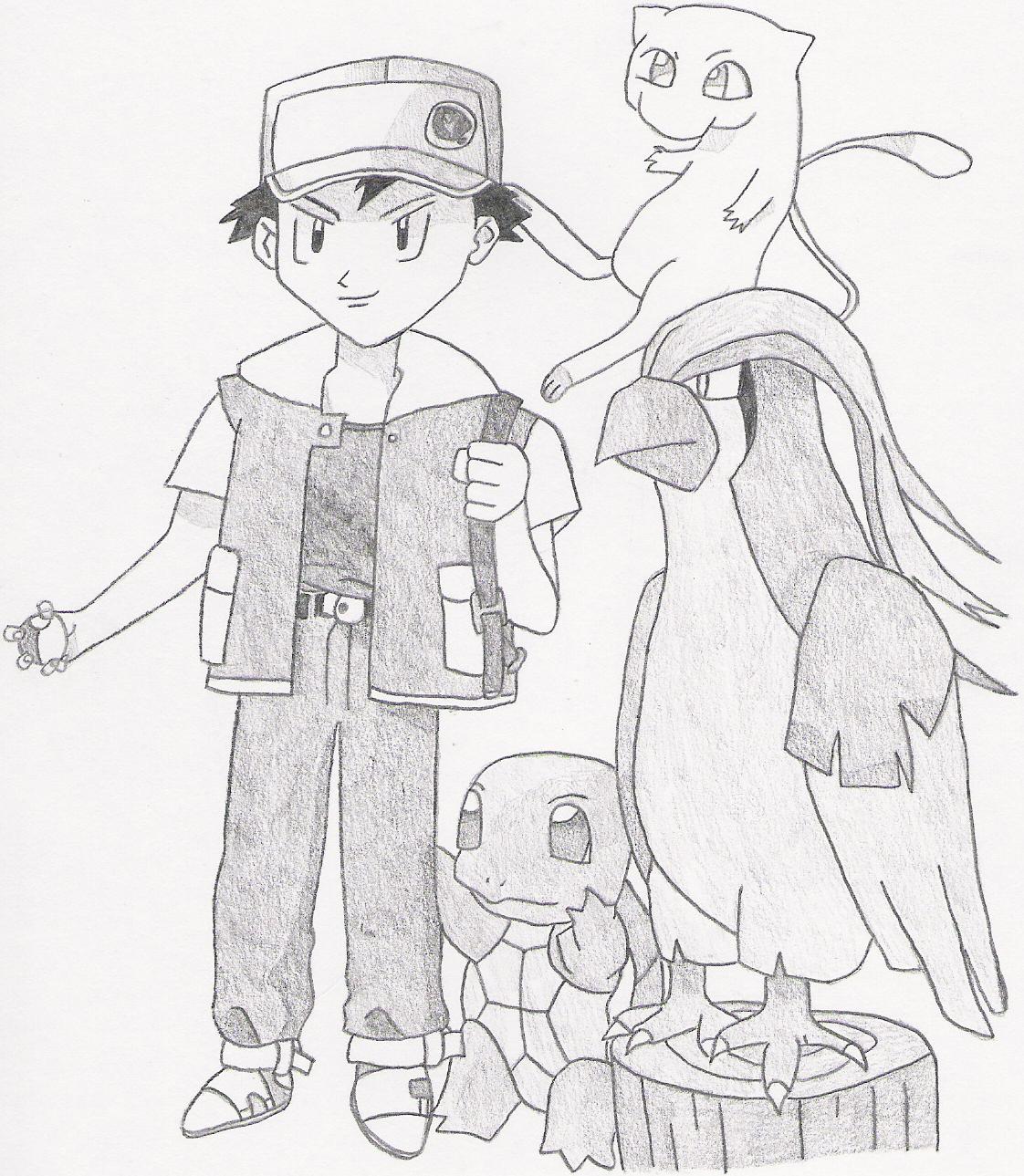 Ash,Squirtle,Mew and Pidgeot by Kikyo91