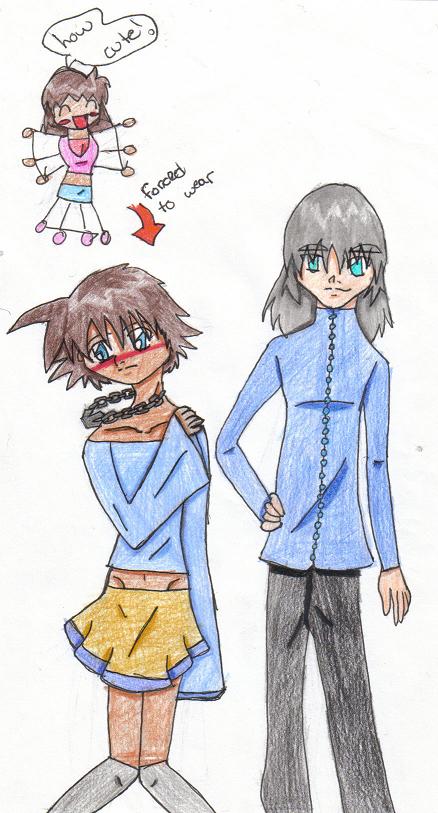 sora in a skirt!!  oh, and riku!! by kikyohaterforever