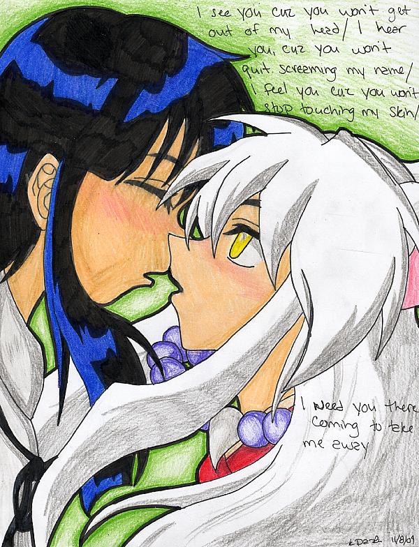 Inu and Kikyou Kissing by kohaku_theblackwolf