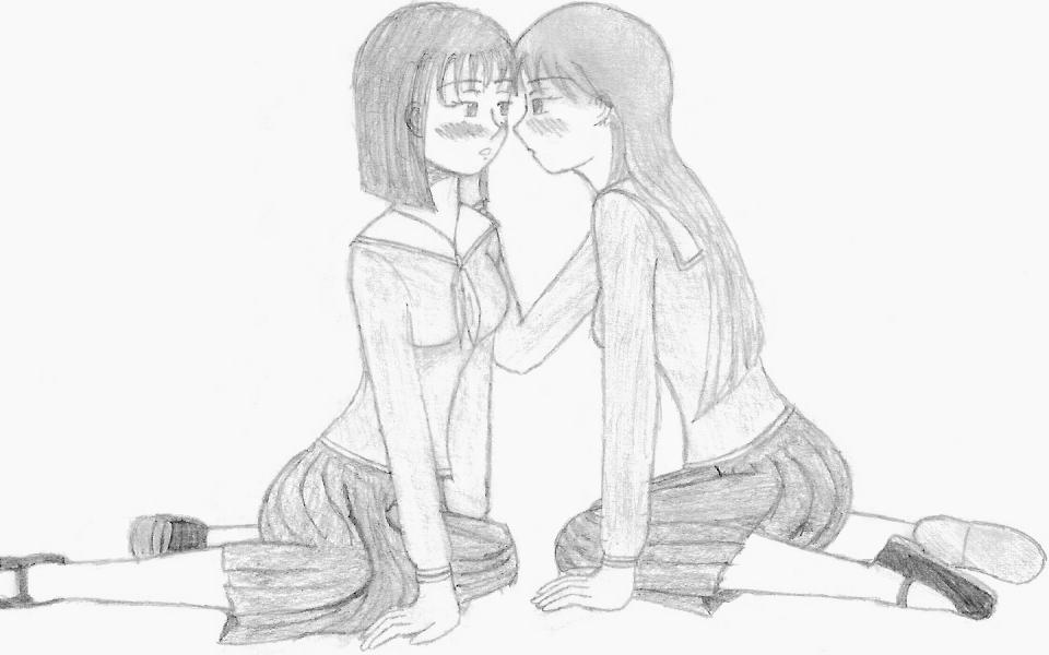 Schoolgirls about to kiss by Laruken