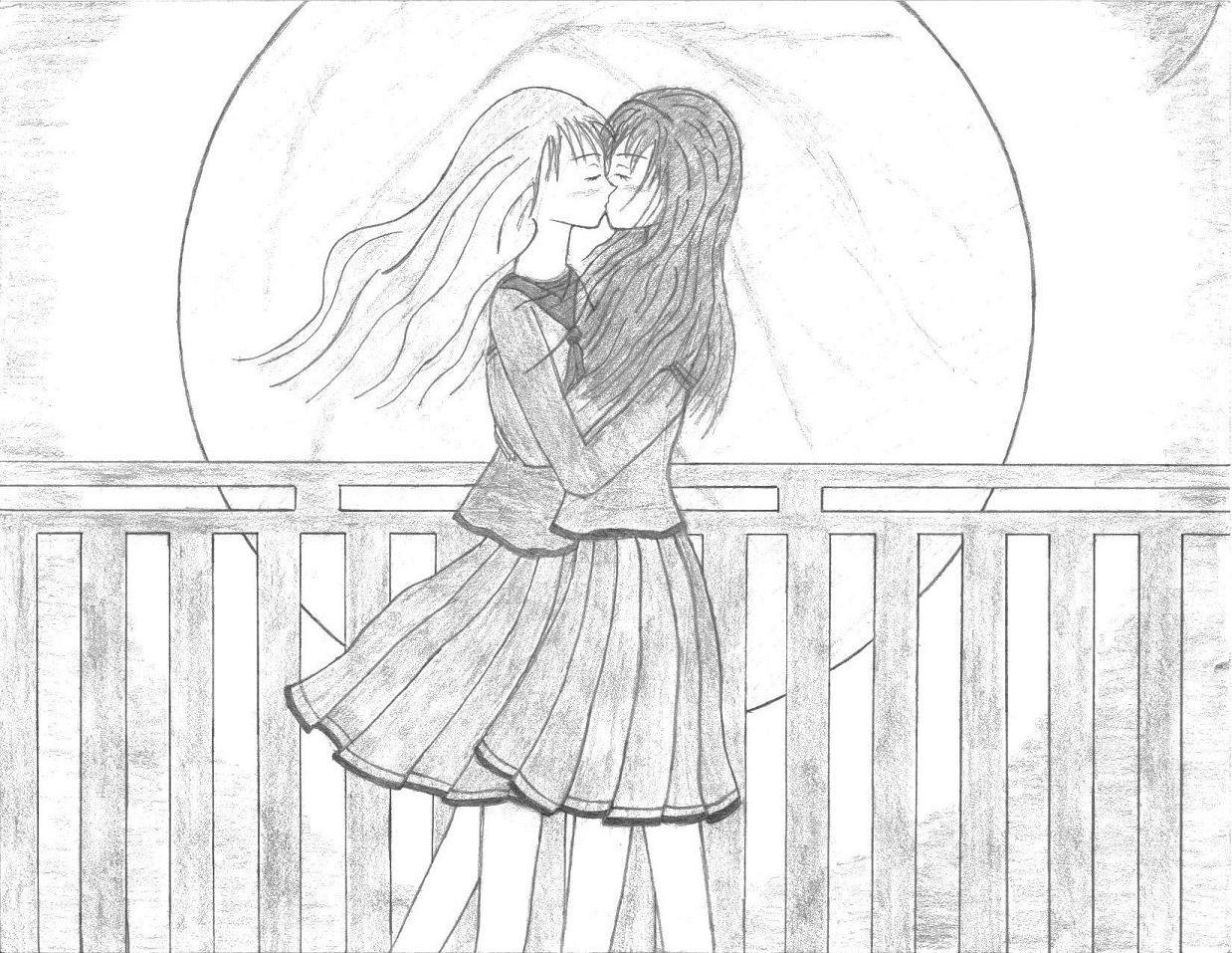 Schoolgirls kiss under the moon by Laruken