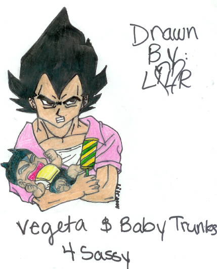 Vegeta holding baby trunks by LilR