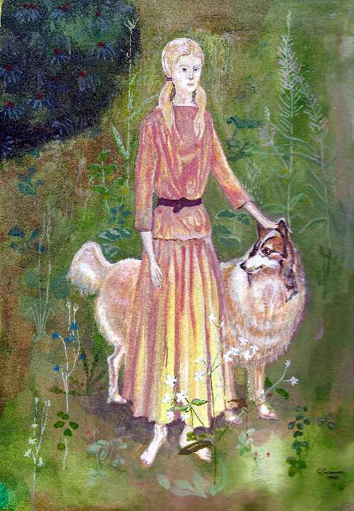Nature landscape Paintings I did c1970s (4 of 5) - barefoot girl with dog. by liggybird