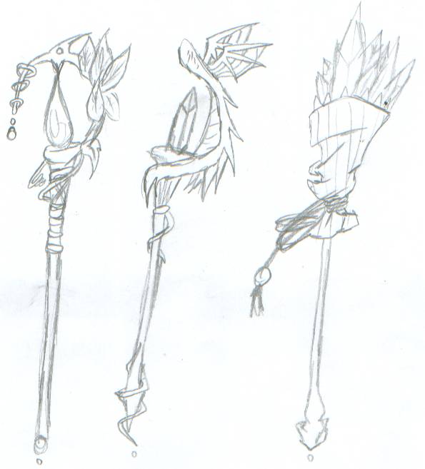 water, wind, and earth staffs by MINA-CHAN