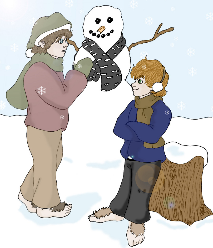 Chomp! :  Merry, Pippin & A Snow-Hobbit by MandiBrandybuck