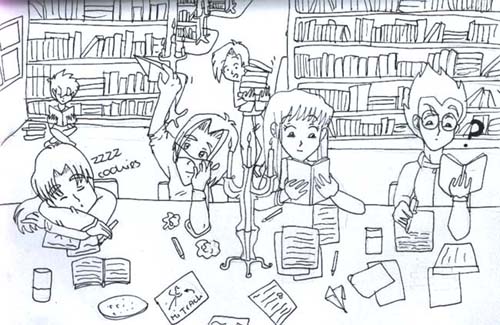 The gang making homework B&W by Marushi
