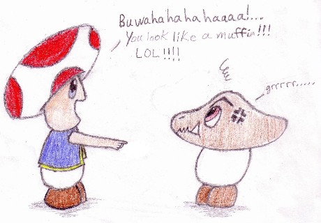 Toad making fun of a Goomba (request) by mendoza0089