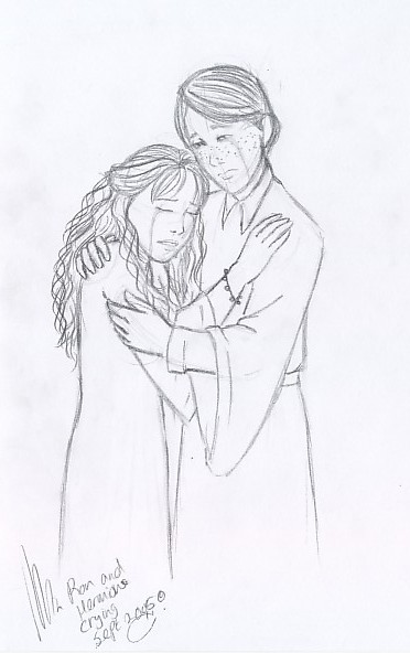 Ron & Hermione crying at dumbledore's funeral by miriamartist