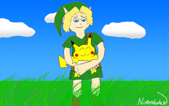 Young Link Holding Pikachu (requested) by Nintendude07