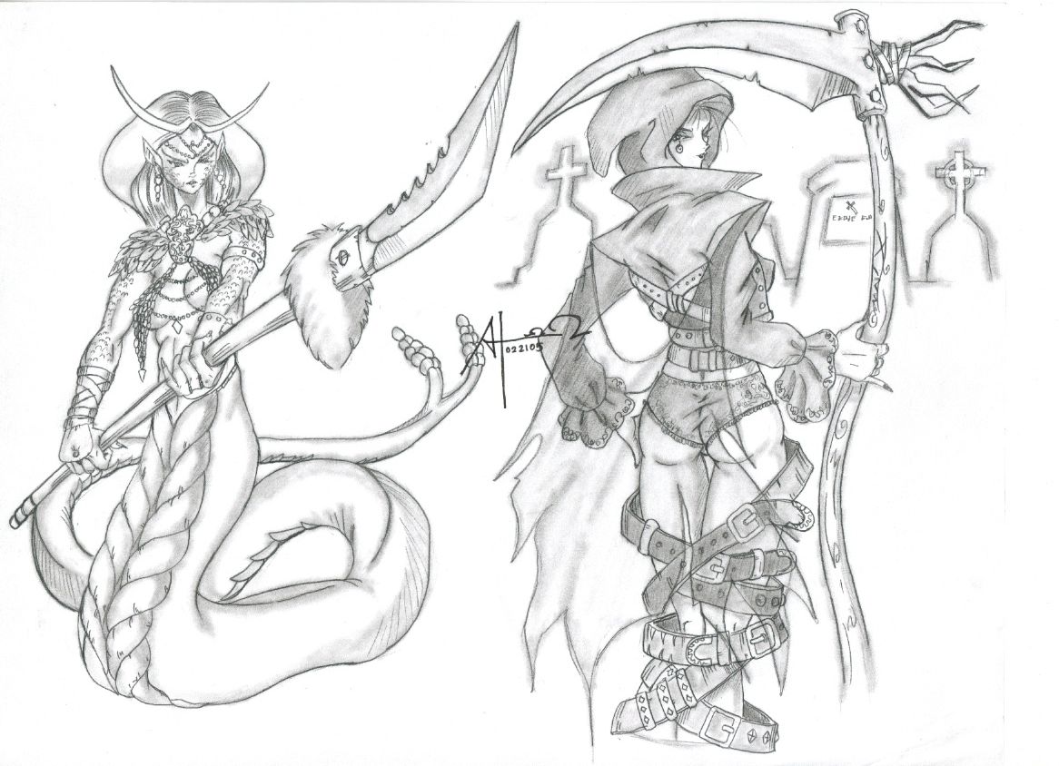 Babes & Blades: Naga Huntress and Death Girl by OMNI-X