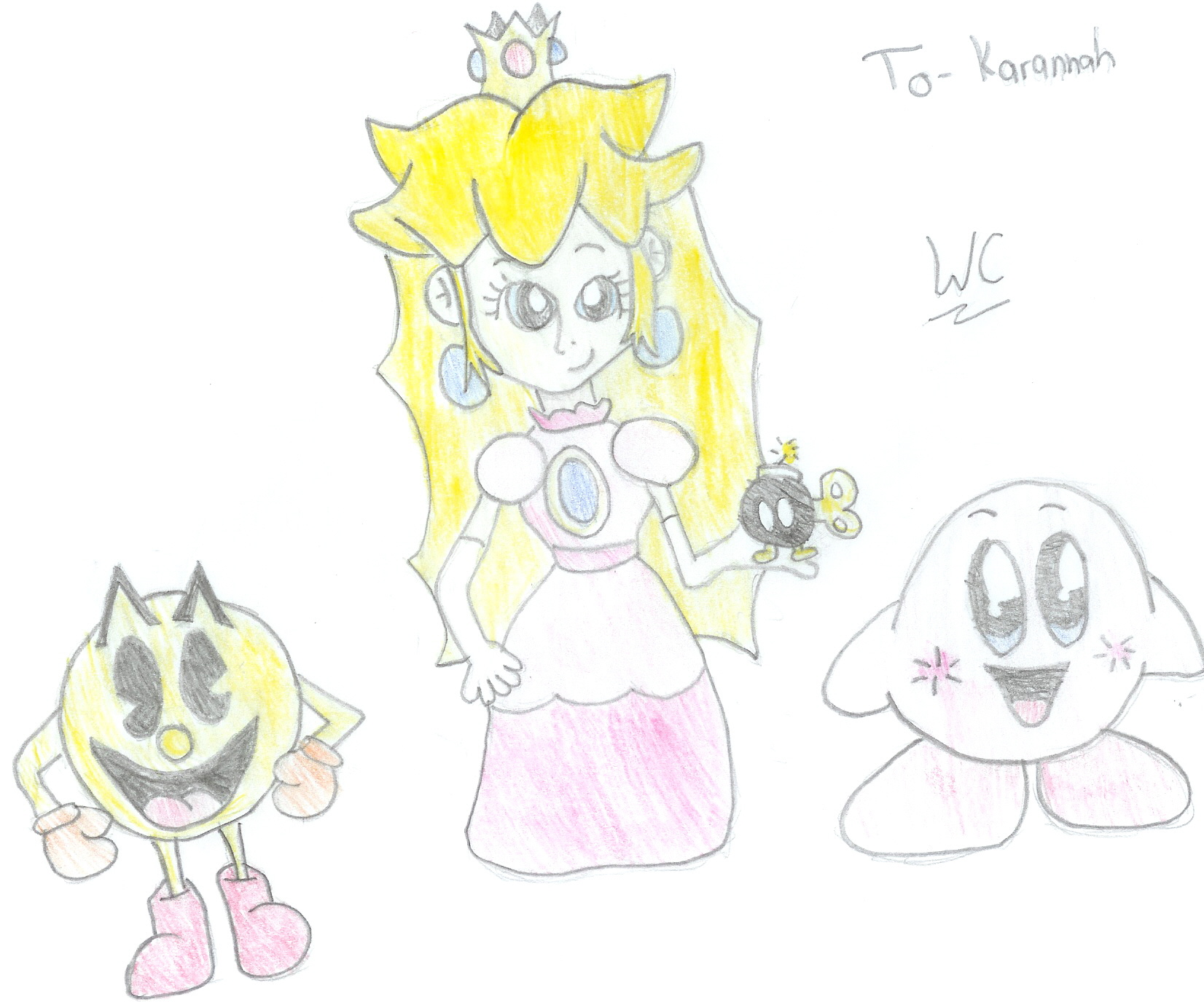 Peach, Bob-omb, Kirby, and Pac-Man (request for Karannah) by pacmaster2000