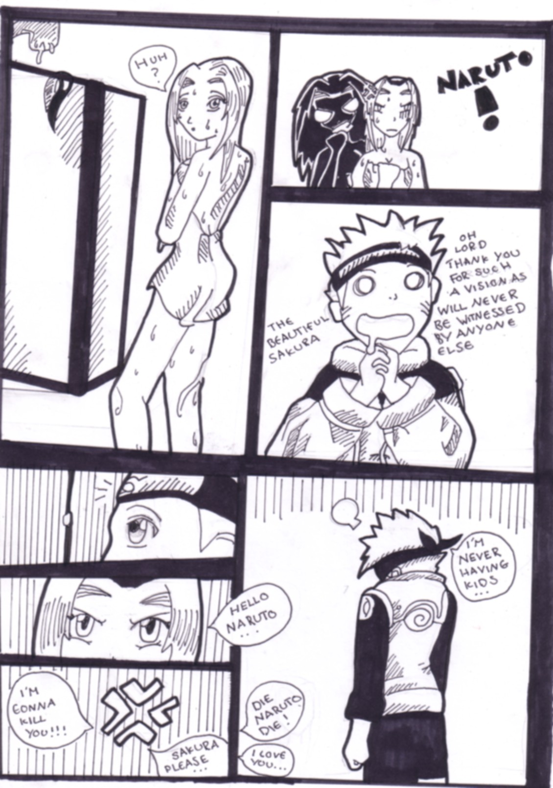 A comic-The shower antics of Sakura and Naruto (also featuring Kakashi) by Qing