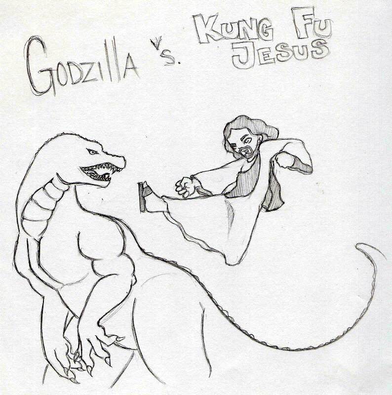 Godzilla vs. Jesus by Quezzi