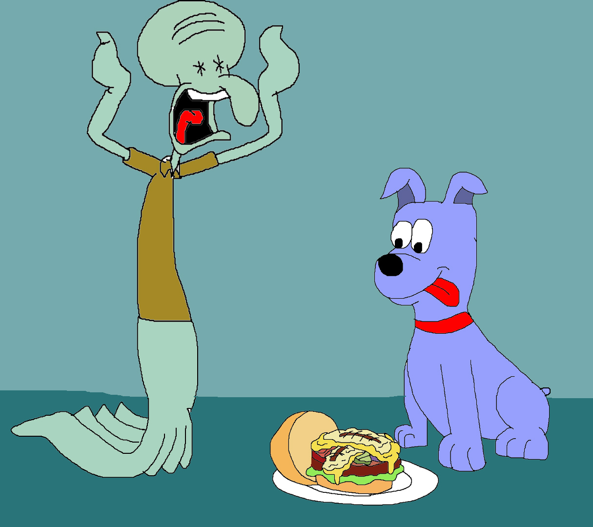 The dog is gonna eat a Krabby Patty with Squidward's eye by Rainbow-Dash-Rockz