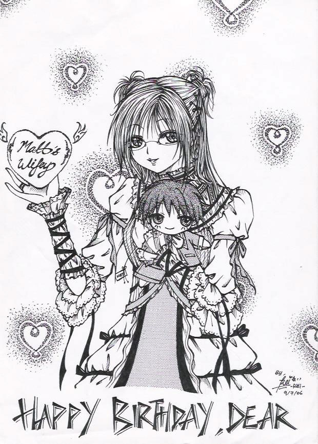 Dressed in lolita gown hugging a plushie Matt by Rei-chan