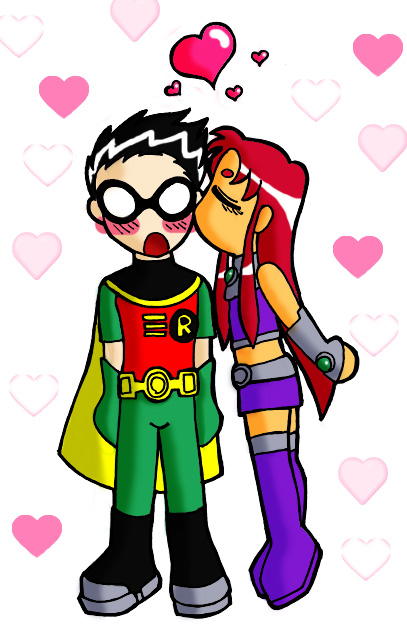 Robin & Starfire cute kiss by reannda