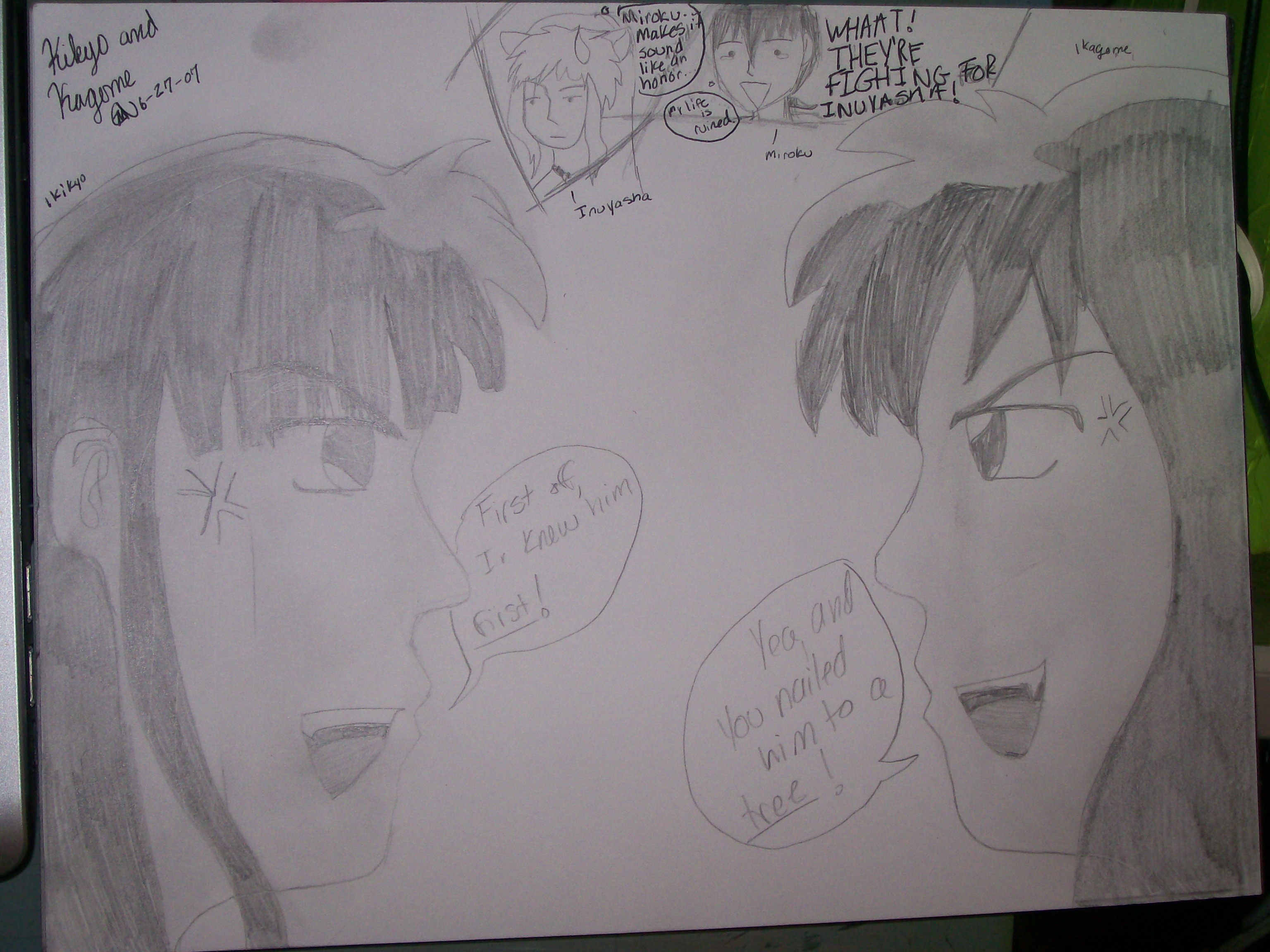 Kikyo and Kagome fighting over Inuyasha {art trade with blackbird1331} by Sasuke_Uchiha1121