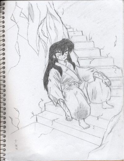 Injured Human Inuyasha sitting on stairs by Sesshoumaru_Dbz5