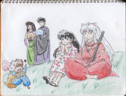 The Inuyasha group sitting in a field by Sesshoumaru_Dbz5