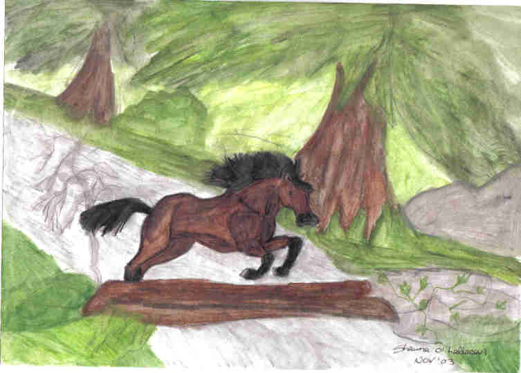 Brown horse jumping over a log (Painting) by Shawna