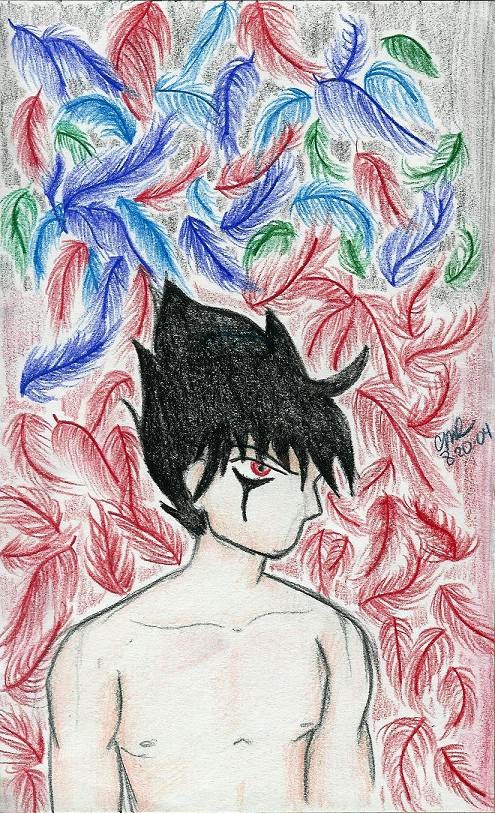 hiei w/ a feathery background by SilverKitsune