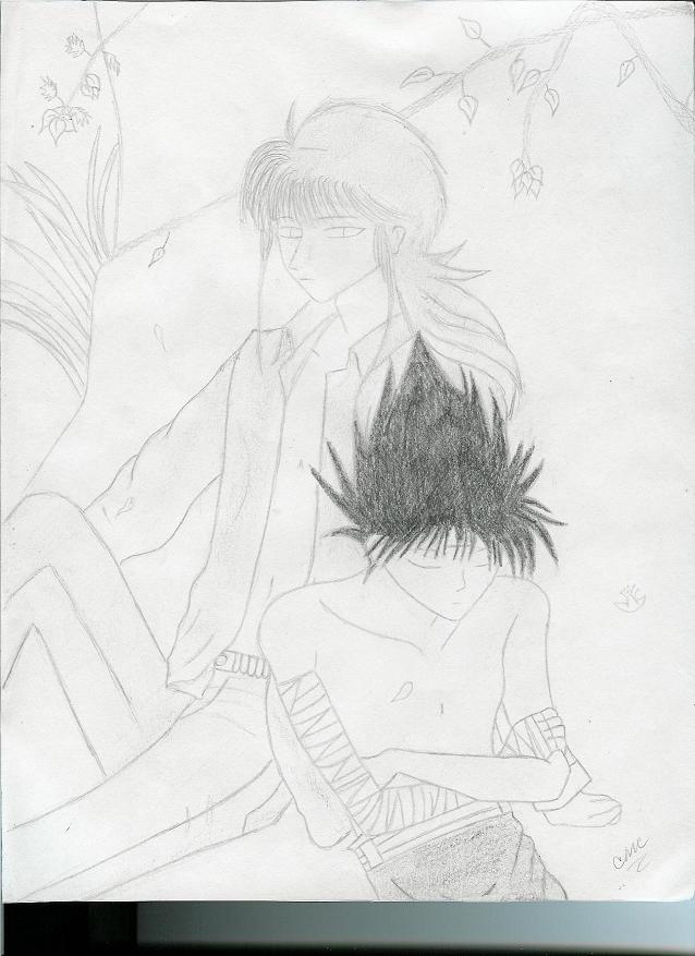 Hiei and kurama resting in the forest ^^ by SilverKitsune