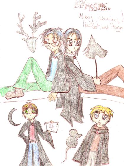 Messrs. Moony, Wormtail, Padfoot, and Prongs by Skyklutz