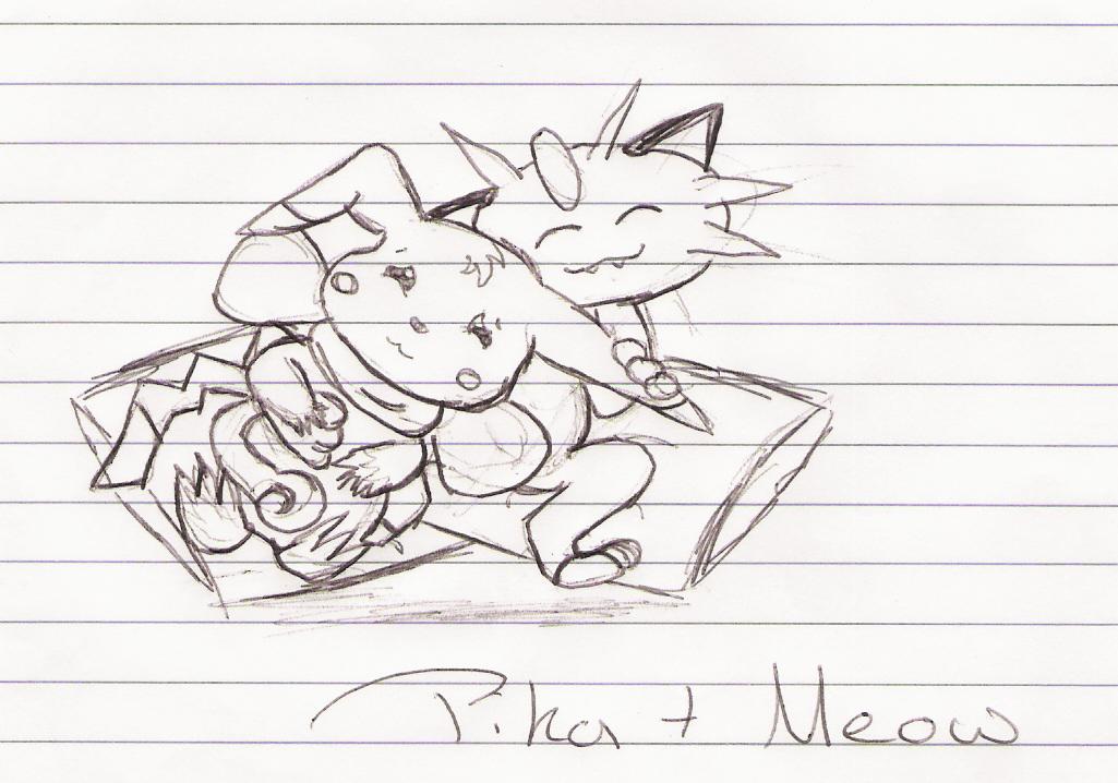 Meowth And pikachu rough sketch by Splixx
