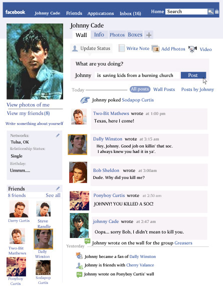 Johnny Cade's facebook page by silly_rules