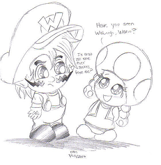 Chibi Toadette and Chibi Wario by sillysimeongurl