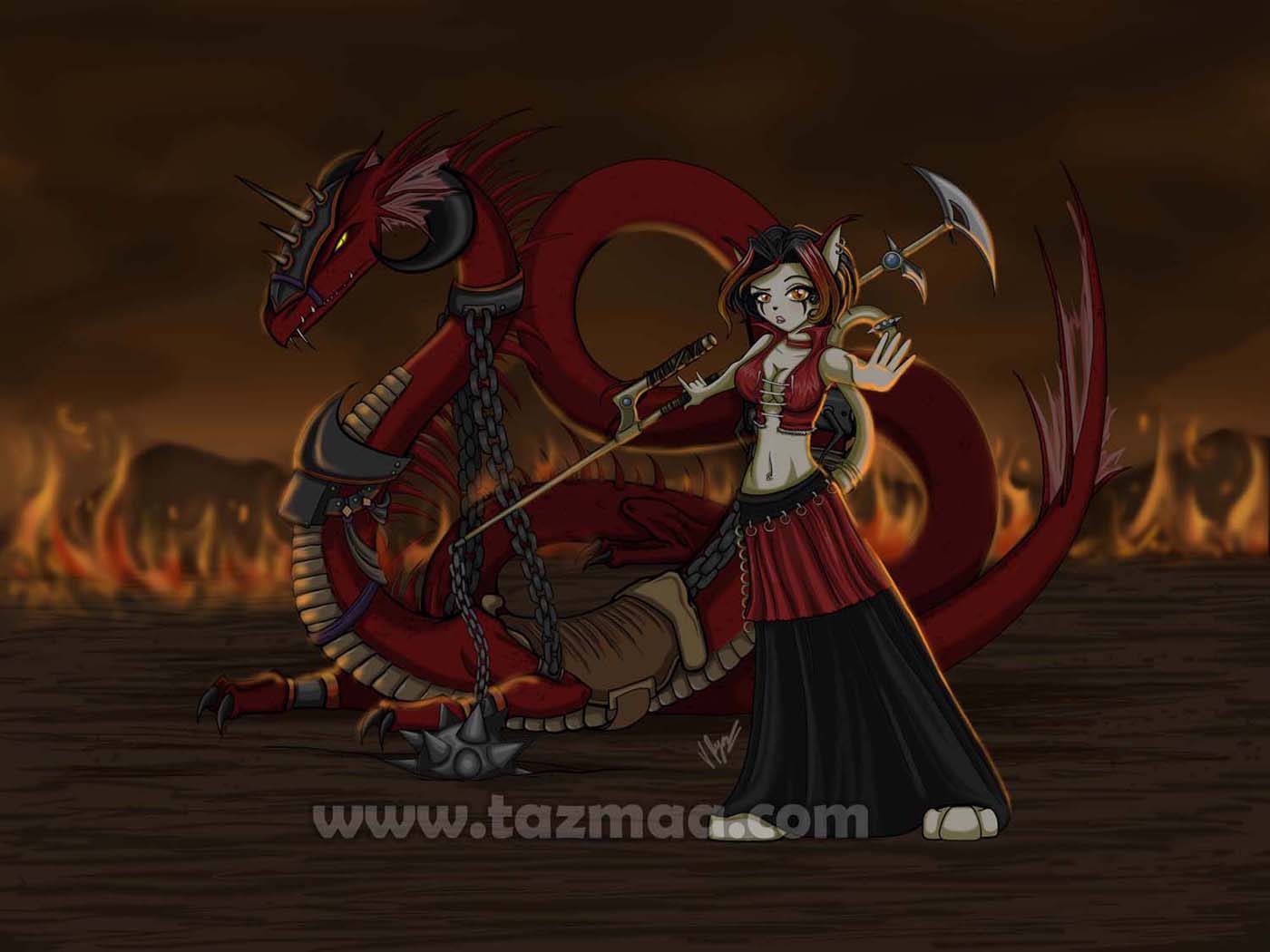 A Anime Catgirl & Armored Dragon by Tazmaa