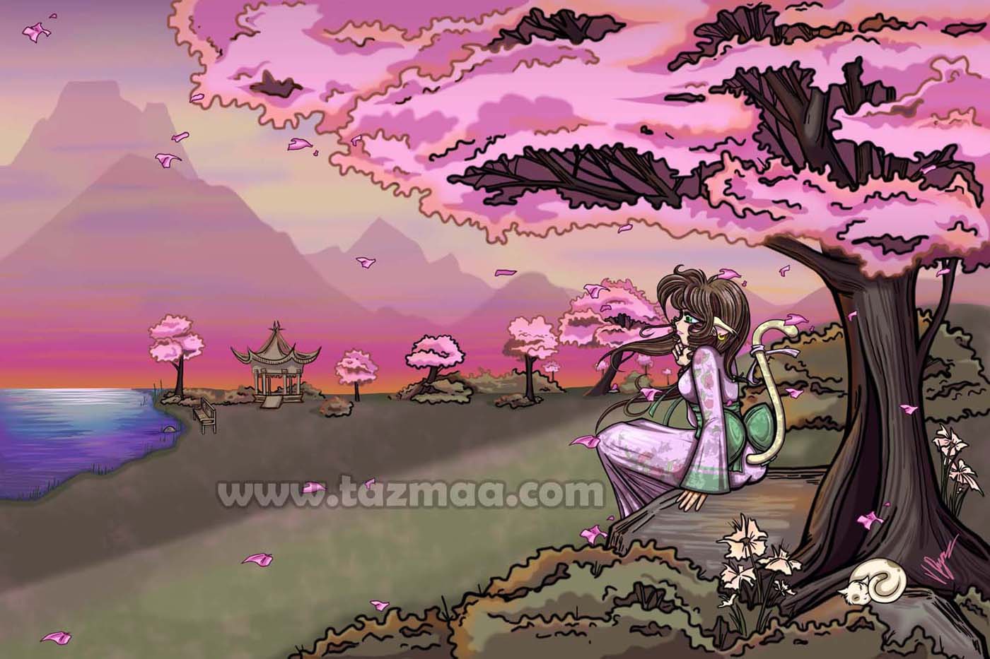 A Anime Catgirl In a Pink Kimono by Tazmaa