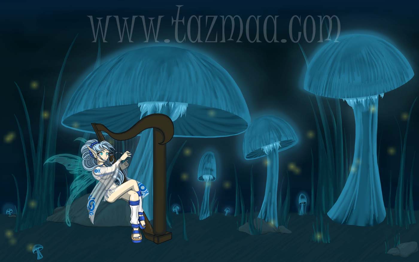 A Anime Fairy sitting among Mushrooms by Tazmaa