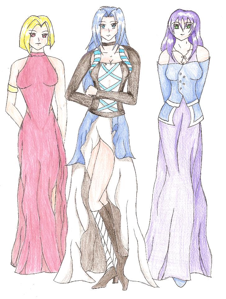Elena, Saff, Aya in dresses by Terra_Kitsune