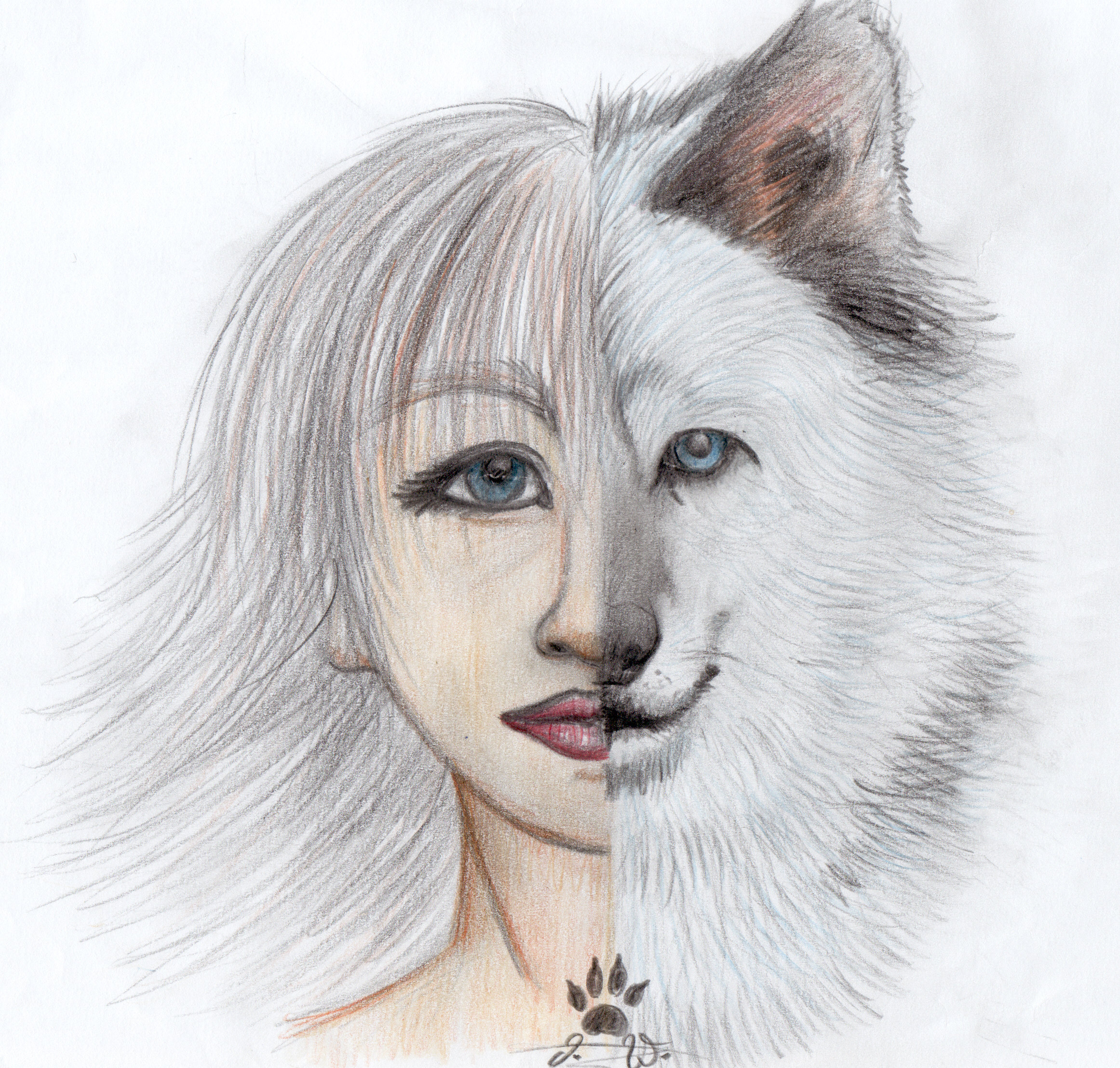 half girl half wolf face drawing