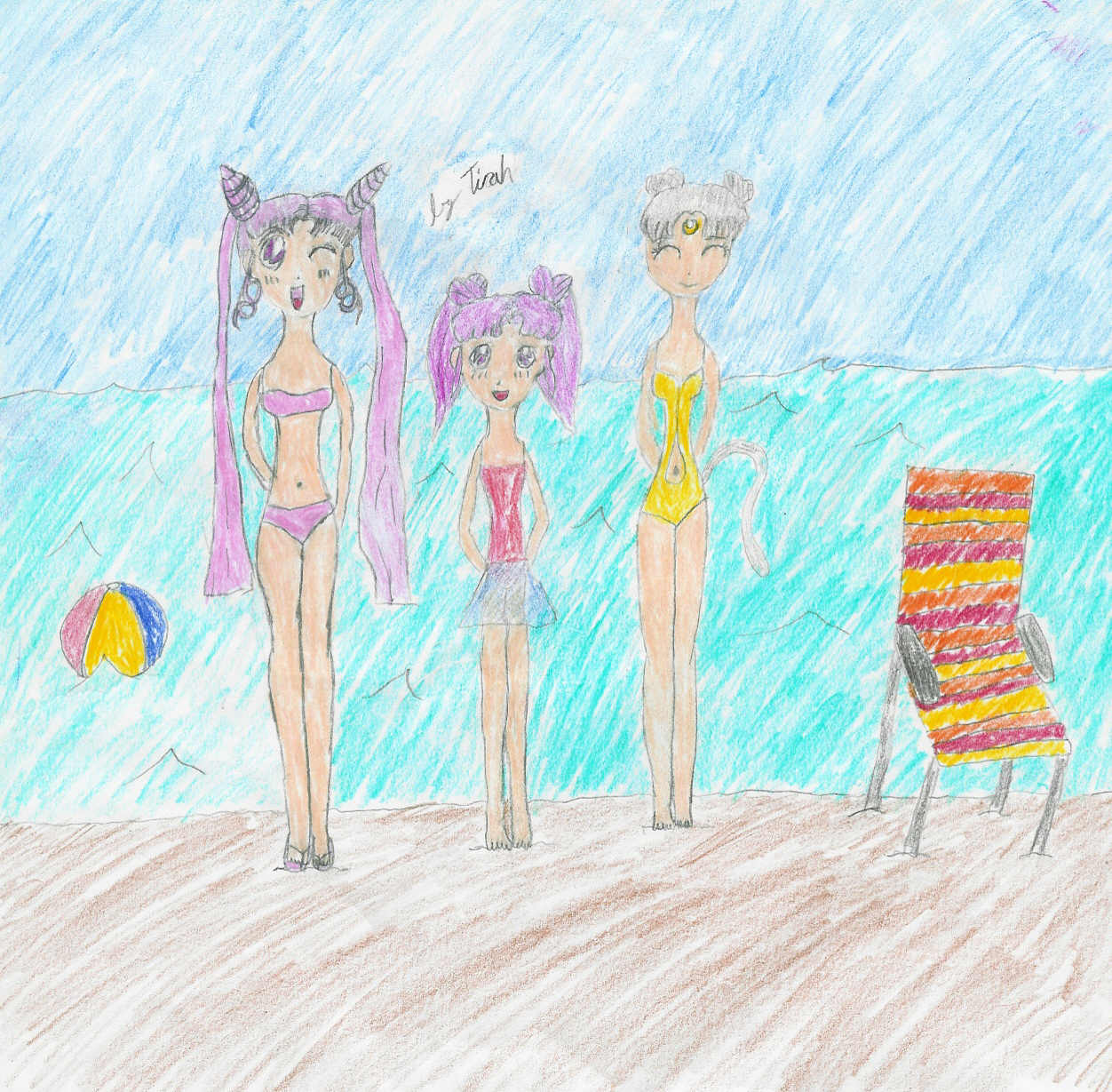 Chibi, Rini, and Diana at the beach by Tirah