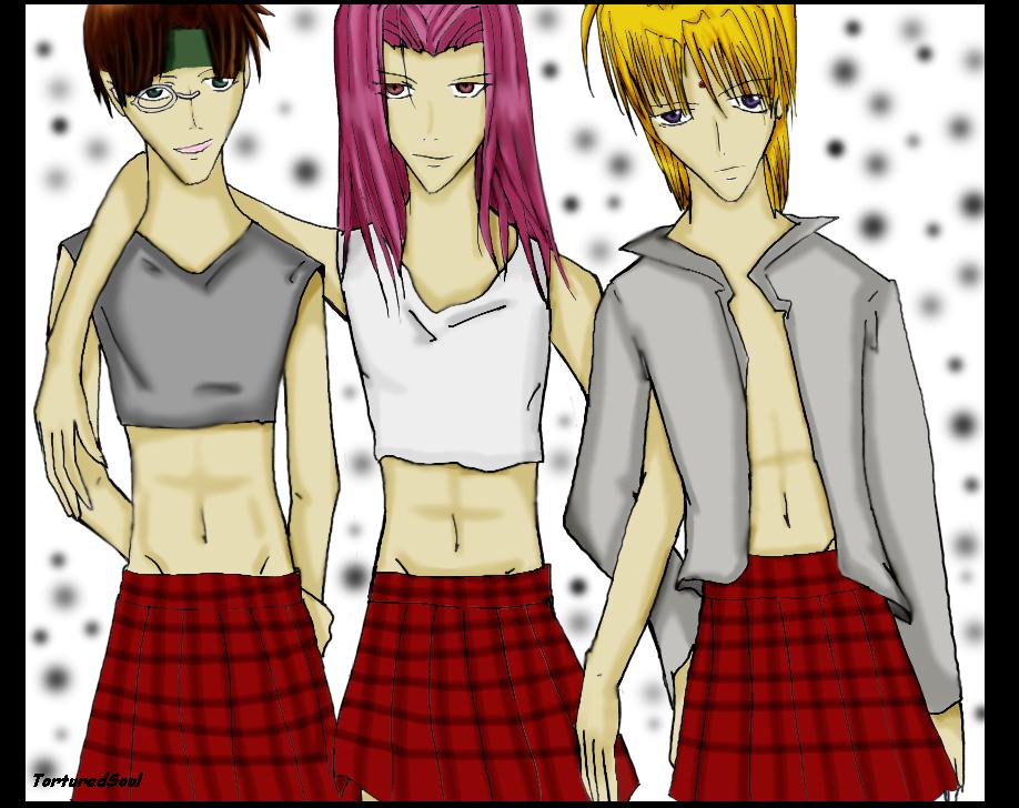 Gojyo, Hakkai, Sanzo in GIRL school uniforms!!!! by TorturedSoul