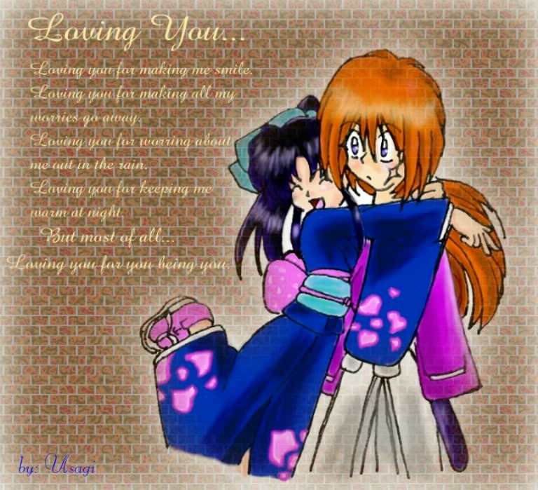 Kaoru hugging Kenshin by usagituskino321