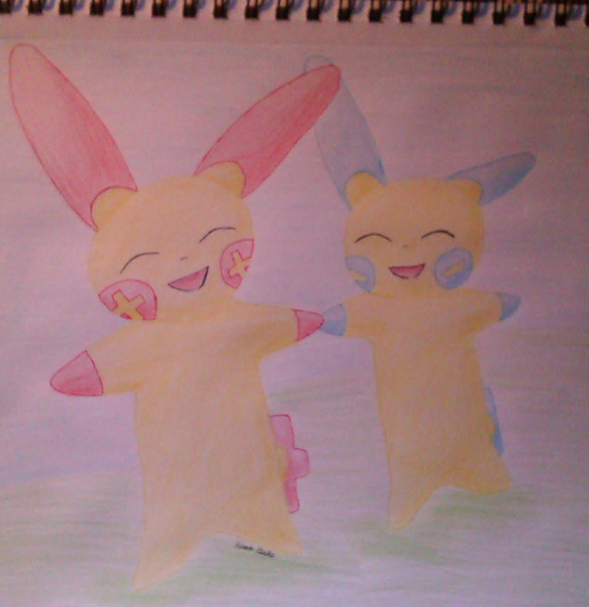 plusel and minun (color pencil) by Wishsayer