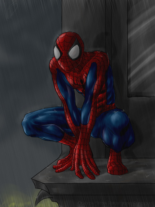 "RainLit Vigil" (Spiderman) by WynaHIros