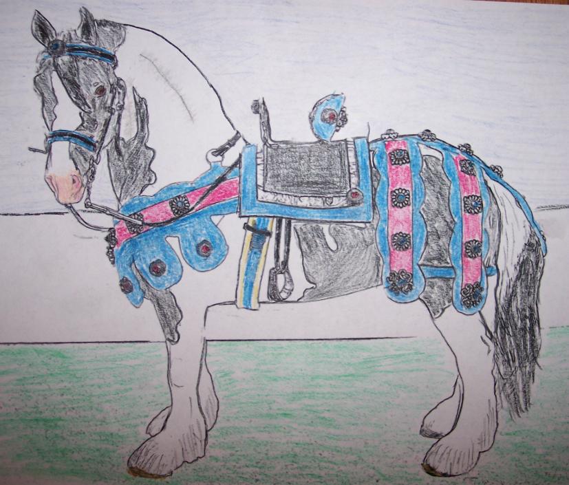 gypsy vanner horse in medieval type costume by wiccantolthorse